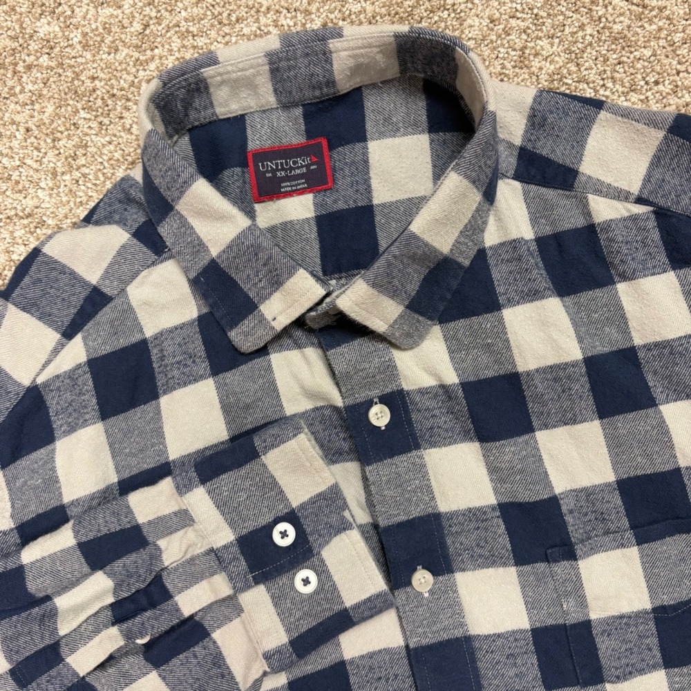 UNTUCKit Barrelstone Flannel Shirt Mens XXL Buffalo Check Long Sleeve Navy Grey